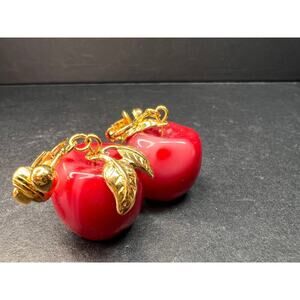 Avon "Apple A Day" Vintage Clip Earrings | Red Lucite Dangle Costume Jewelry